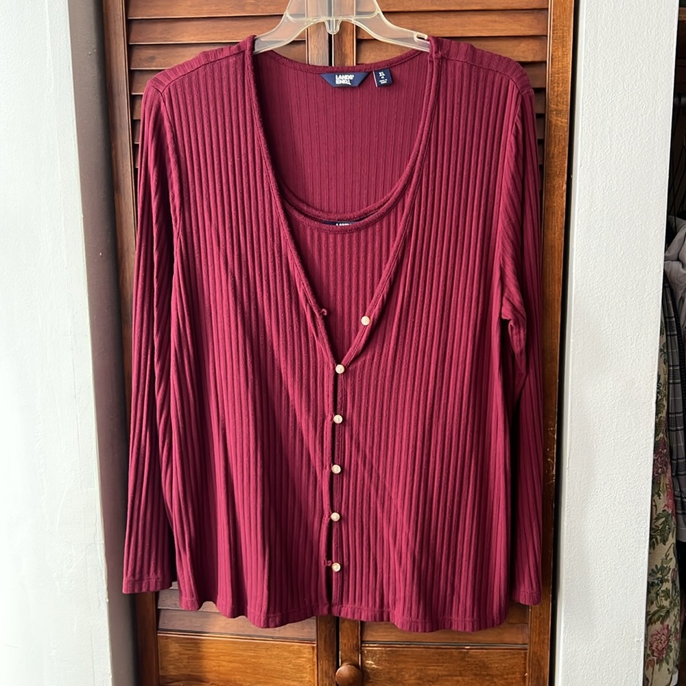 Lands' End Burgundy Ribbed 3/4 Sleeve Cardigan Set